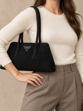 Valentino Orlandi Nelly Black Faux Suede Double Handle Bag VOSB-027 NWT